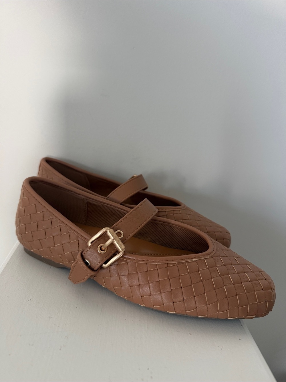 Dolce Vita Tan Woven Mary Jane Flats with Gold Buckle